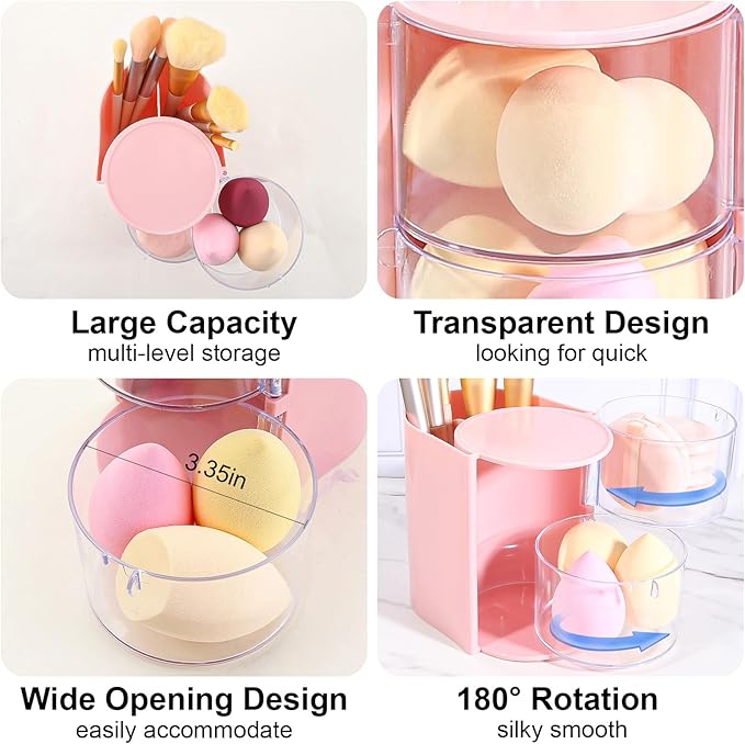 DASITON 2-Layer Makeup Brush Holder with Hair Accessories Organizer, Rotatable Desktop Organizer Case for Hair Clip, Makeup Sponge, Jewelry and Hair Accessories, Hair Brush Holder for Vanity (Pink)