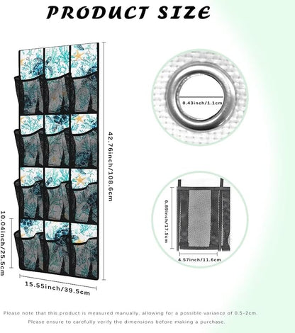 Blue Sea Turtle Behind The Door Shoe Organizer, 12 Pockets Ocean Theme Hanging Rack for Bathroom & Beach House, No Drill Storage for Toys & Toiletries