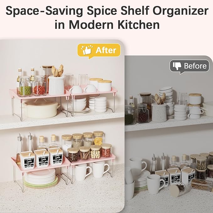 STARLATTA 2 Pcs Cabinet Organizer Shelf，Stackable Kitchen Counter Shelves, Spice Rack,Countertop Organizers，Pink Plastic Storage Shelves Rack for Makeup，Bathroom, Cupboard，Desk，Pantry Organization