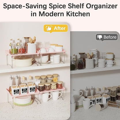 STARLATTA 2 Pcs Cabinet Organizer Shelf，Stackable Kitchen Counter Shelves, Spice Rack,Countertop Organizers，Pink Plastic Storage Shelves Rack for Makeup，Bathroom, Cupboard，Desk，Pantry Organization