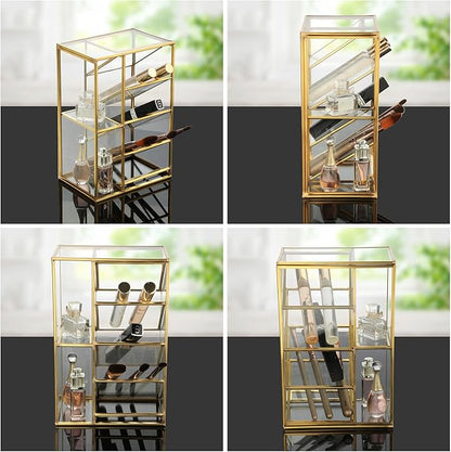 ELLDOO Rollerball Perfume Organizer, 6 Compartment Clear Glass Perfume Storage Holder Vintage Beauty Scent Holder, Metal Makeup Lipgloss Lipstick Display Case
