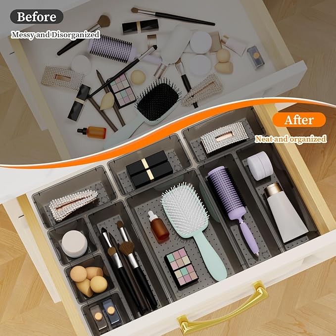 StorMiracle 32 PCS Clear Plastic Drawer Organizer Set, 4-Size vanity organizer Trays and Storage Bins for Makeup, Jewelry and Gadgets in Bedroom, Bathroom and Office, Clear Black