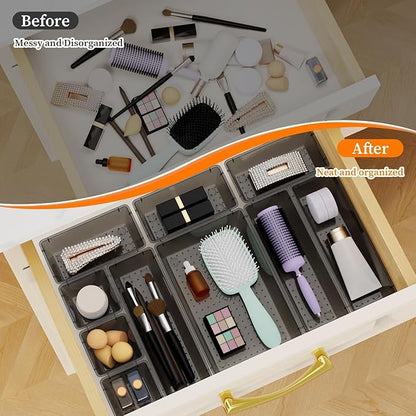 StorMiracle 32 PCS Clear Plastic Drawer Organizer Set, 4-Size vanity organizer Trays and Storage Bins for Makeup, Jewelry and Gadgets in Bedroom, Bathroom and Office, Clear Black