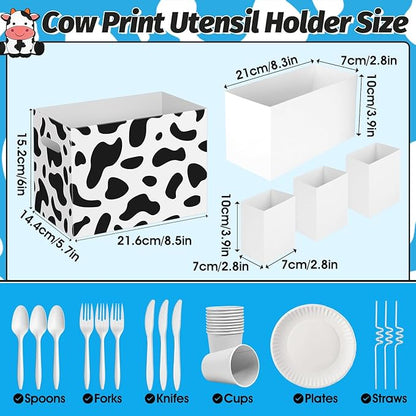 2PCS Cow Print Utensil Holder Paper Utensil Caddy for Cow Birthday Party Decorations Disposable Cutlery Holder with Handles Cutlery Caddy for Farm Animal Party Supplies Black and White Snack Box