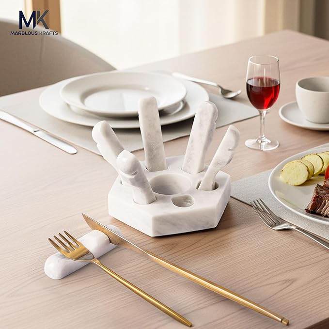Marble Utensil Rest White Kitchen Counter Spoon Holder for Fork, Knife and Cutlery, Kitchen Utensil Rest for Clean and Organized Counter
