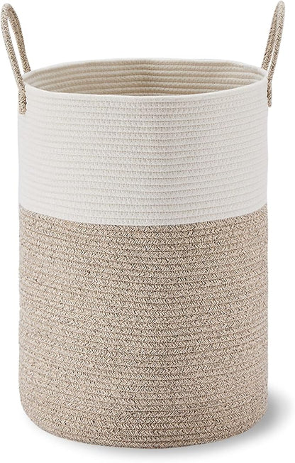 VIPOSCO Large Laundry Hamper, Tall Woven Rope Storage Basket for Blanket, Toys, Dirty Clothes in Living Room, Bathroom, Bedroom - 58L White & Brown