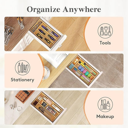 Lifewit Silverware Drawer Organizer, Utensil Tray for Kitchen, Flatware and Cutlery Holder, Storage for Spoons Forks Knives, 6.7 x 12", Natural