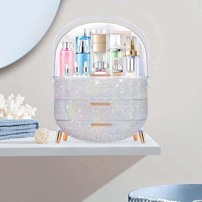 Ptesly Teen Girls Gift Makeup Organizer, Skincare & Jewelry Storage, Cosmetics Display Case, Makeup Holder, Bathroom Organizer (Bling Rhinestone)