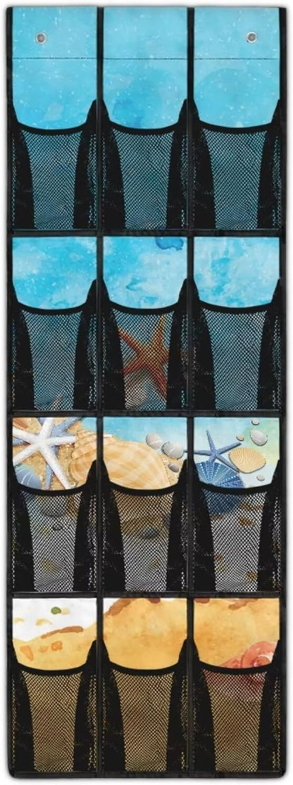 Beach Starfish Design Space Saving Hanging Shoe Organizer,Entryway Bedroom Bathroom Storage Bags with 12 Mesh Large Pockets Waterproof Reusable