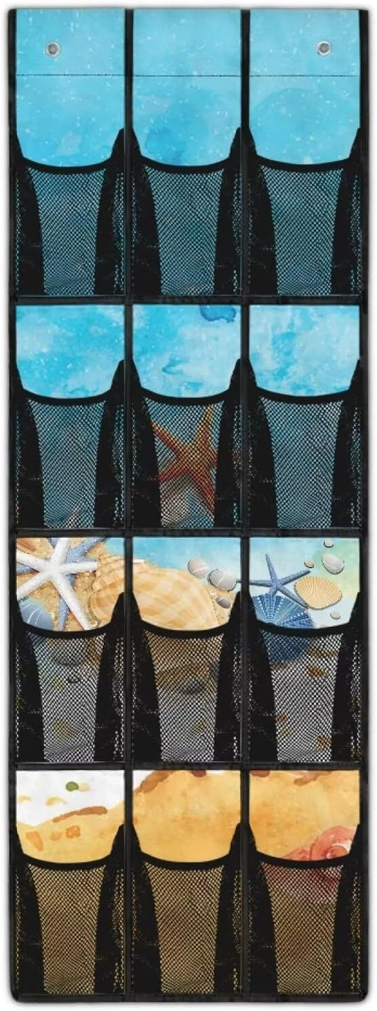Beach Starfish Design Space Saving Hanging Shoe Organizer,Entryway Bedroom Bathroom Storage Bags with 12 Mesh Large Pockets Waterproof Reusable