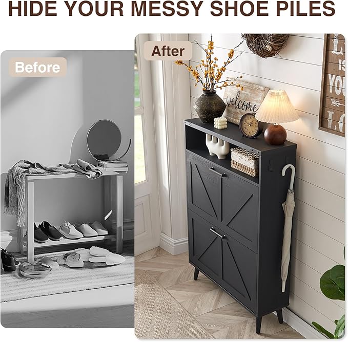 Barnyatoh Shoe Storage Cabinet, Farmhouse Shoe Organizer with 2 Flip Drawers & Barn Door,Freestanding Hidden Slim Narrow Shoe Rack Cabinet with Open Storage for Entryway, Foyer, Black