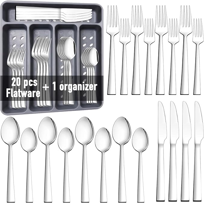 21 Piece Kitchen Silverware Set with Organizer Tray, Fork Spoon Knife Set Stainless Steel Cutlery Heavy Duty Silverware Set for 4 Flatware Tableware Eating Utensils Sets Forks Knives and Spoons Set