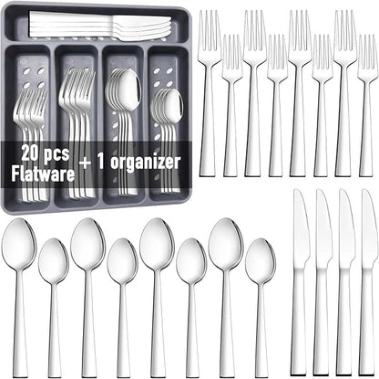 21 Piece Kitchen Silverware Set with Organizer Tray, Fork Spoon Knife Set Stainless Steel Cutlery Heavy Duty Silverware Set for 4 Flatware Tableware Eating Utensils Sets Forks Knives and Spoons Set