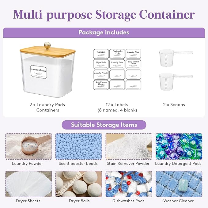 Lifewit Laundry Pods Container with Lid, Dryer Sheet Holder, Room Organization Storage for Coffee Pods Kcup Washing Powder, Scent Booster Beads, 2600 ml/0.7gal，Natural,2 Pcs