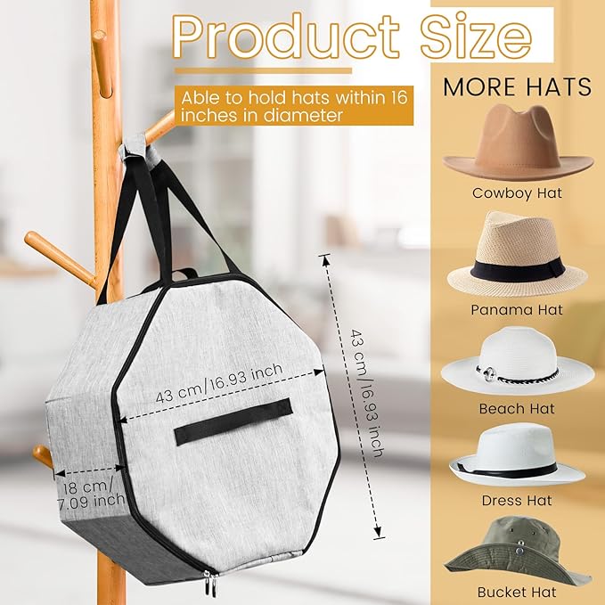 Wonderjune 2 Pcs Cowboy Hat Box for Storage Collapsible Sturdy Cowboy Hat Case with Handle for Men and Women Travel Storage Organizer Large Cap Bag for Closet(Gray)