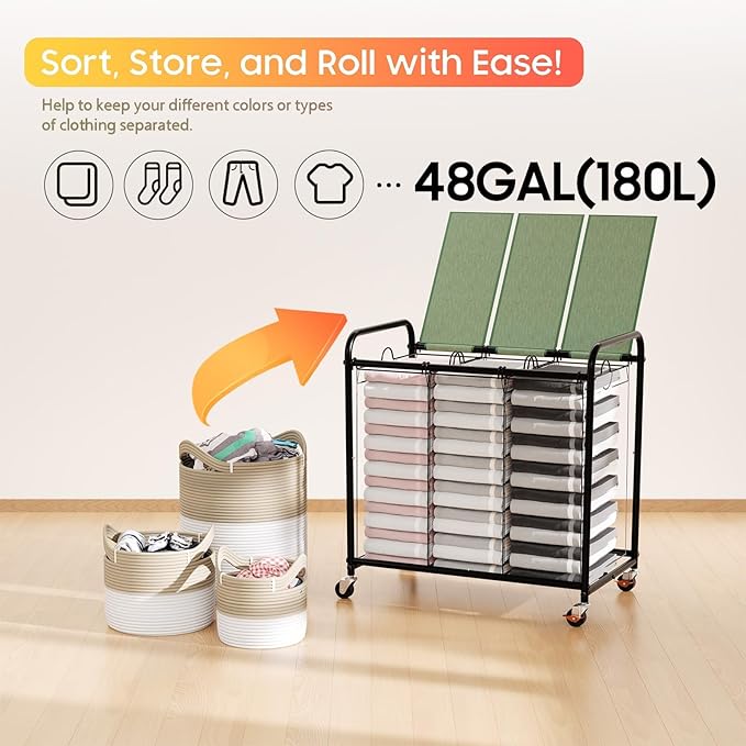 180L (47.55 Gal) Laundry Sorter 3 Section, Rolling Laundry Basket with Lockable Wheels and Lid, Laundry Hamper with 3 Separated Removable Bags Dirty Clothes Hamper for Laundry Room Organizer, Green