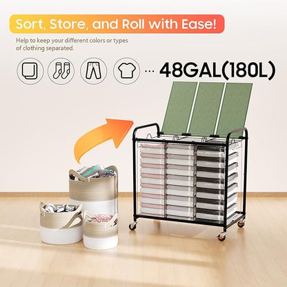 180L (47.55 Gal) Laundry Sorter 3 Section, Rolling Laundry Basket with Lockable Wheels and Lid, Laundry Hamper with 3 Separated Removable Bags Dirty Clothes Hamper for Laundry Room Organizer, Green