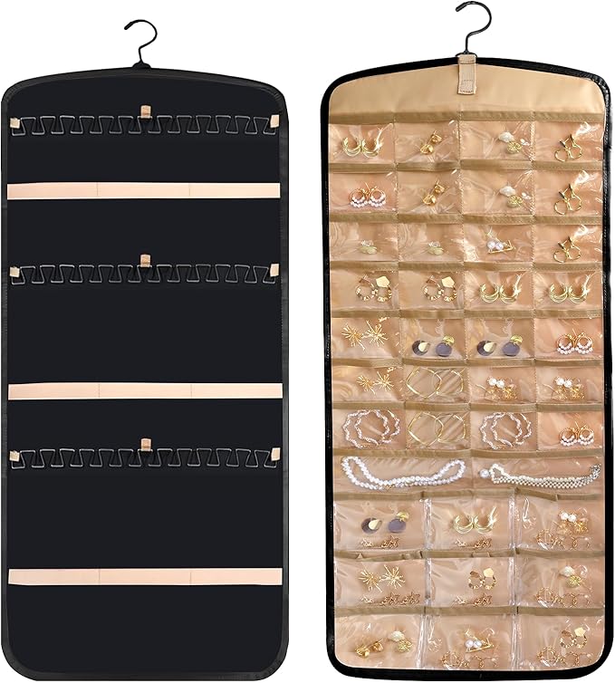 Hanging Jewelry Organizer Doubled-sided with Pockets & Hooks for Rings, Earrings, Necklaces, Hair Accessories Storage Roll, Closet Earring Holder Organizer for Wall, Door, Travel, 1 PCS, Black