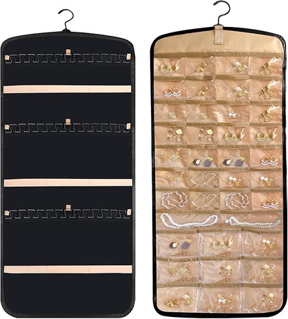 Hanging Jewelry Organizer Doubled-sided with Pockets & Hooks for Rings, Earrings, Necklaces, Hair Accessories Storage Roll, Closet Earring Holder Organizer for Wall, Door, Travel, 1 PCS, Black