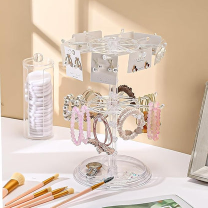 Rotating Jewelry Stand, 2 Tier Necklace Holder Bracelet Hanging Organizer Keychain Jewelry Display Stand Plastic Jewelry Rack for Malls Counter Dressing Table (Clear)