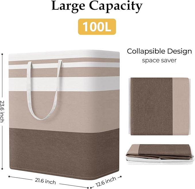 StorageRight Large Collapsible Laundry Basket Hamper with Easy Carry Handles，Freestanding Clothes Hampers for Laundry, Bedroom, Dorm, Towels, Toys, 100L, Khaki