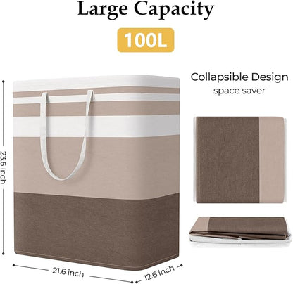 StorageRight Large Collapsible Laundry Basket Hamper with Easy Carry Handles，Freestanding Clothes Hampers for Laundry, Bedroom, Dorm, Towels, Toys, 100L, Khaki