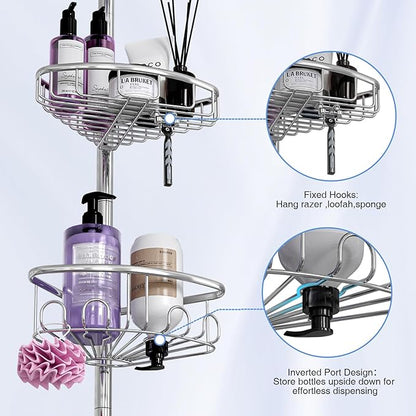 Corner Shower Caddy Tension Pole: Stainless Steel Rustproof 4-Tier Shower Organizer - 47-121 inch Adjustable Bathroom Shelves for Bathtub Shampoo Storage - Tension Rod Floor Standing Bath Rack