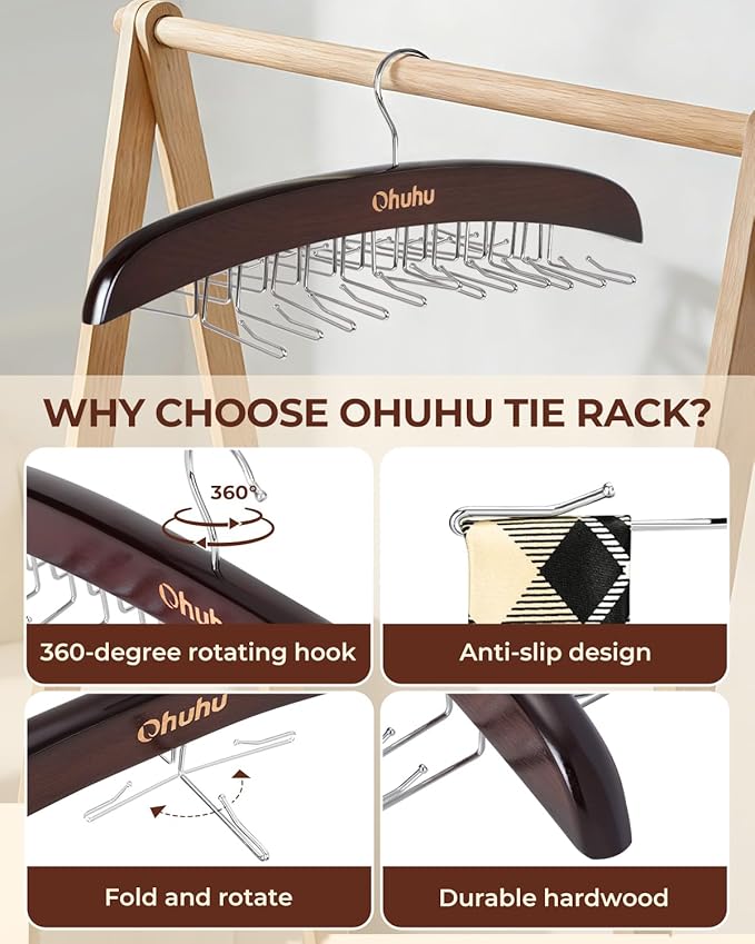 Tie Rack Hanger for Closet: Ohuhu 24 Folding Hooks Tie Hangers for Men Wooden Tie Holder Organizer Space Saving Necktie Storage 360 Degree Rotating Ties Belts Scarves Tank Tops Accessories-Walnut