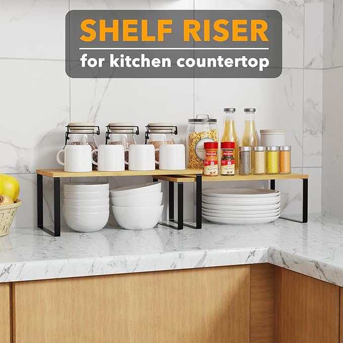 SpaceAid Cabinet Shelf Organizers 8 Pack, Kitchen Counter Rack Shelves Riser, Stackable Expandable Spice Rack, Pantry Cupboard Storage Organization (Black and Natural, Long)