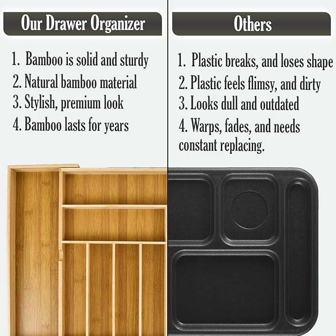 9-Slots Bamboo Drawer Organizers for Kitchen, Expandable Silverware Drawer Organizer, Multipurpose Utensil Organizer for Kitchen Drawers, Large Cutlery Drawer Organizer for Spoons, Forks & Knives