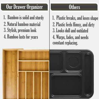 9-Slots Bamboo Drawer Organizers for Kitchen, Expandable Silverware Drawer Organizer, Multipurpose Utensil Organizer for Kitchen Drawers, Large Cutlery Drawer Organizer for Spoons, Forks & Knives