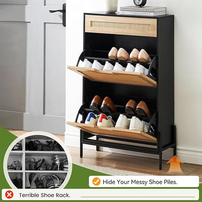 Entryway Shoe Cabinet with 2 Flip Drawers, Slim Freestanding Wooden Shoe Organizer with Linen Front Panels, Space-Saving Closed Shoe Rack for Hallway, Foyer, or Small Apartment(Black)