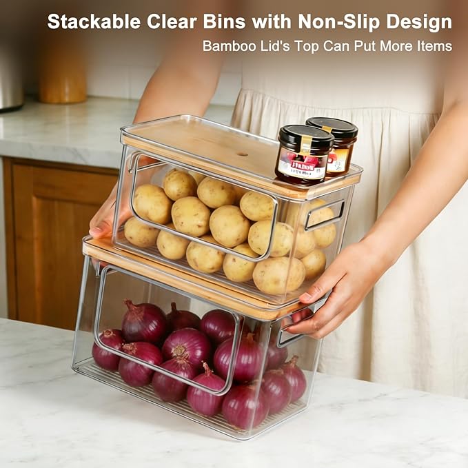 Hudgan Pantry Organizers and Storage with Straight Side, 2 Set Stackable Bin with Open Front for Onion,Potato,Garlic,Fruit, Clear Storage Bin with Bamboo Lid for Kitchen Cabinet, Countertop, Bathroom