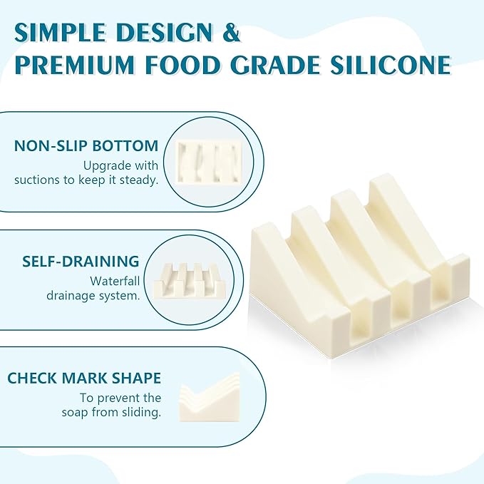 Self Draining Soap Dish Holder,Silicone Soap Dish,for Bathroom,Kitchen, Sponges，Can Extend Soap Life，Keep Soap Bars Dry and Easy Cleaning (Cream White,1-Pack)