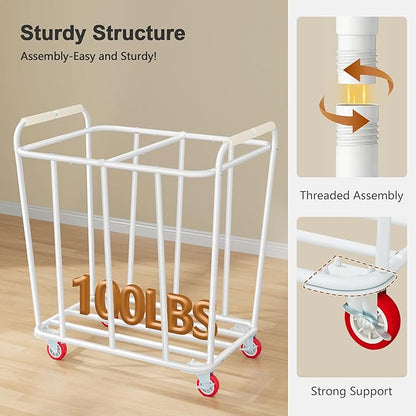 Hoctieon 2 Section Laundry Sorter Cart, 400L Rolling Hamper with Wheels, Industrial Laundry Basket Organizer, Extra Large Dirty Clothes Hamper for Home & Hotel, Heavy Duty, Gray+Beige