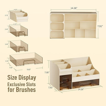 Makeup Organizer with Drawers,Large Cosmetic Storage Box,Countertop Skincare Organizer,ABS Makeup Brush Holder for Bathroom,Desk,Dresser,Multifunctional Beauty Display Case,Cream transparent