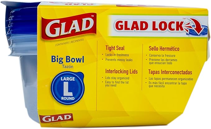 Glad GladWare Big Bowl Food Storage Containers with Lids, Large Round BPA Free Plastic Containers for Soups, Salads, and Meal Prep, Lock Tight Seal, Microwave Dishwasher Safe, 48 Oz, 3 Count