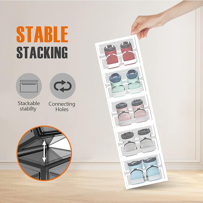 Shoe Box, 6 Pack Shoe Boxes Clear Plastic Stackable, Shoe Storage Boxes with Lids, Drop Front Shoe Boxes for Sneaker Storage Display, Fit Up to US Size 12 (13.6”x 10.4”x 7.5”) (Transparent)