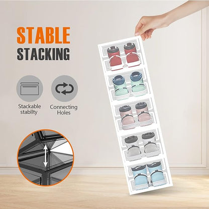 Shoe Box, 6 Pack Shoe Boxes Clear Plastic Stackable, Shoe Storage Boxes with Lids, Drop Front Shoe Boxes for Sneaker Storage Display, Fit Up to US Size 12 (13.6”x 10.4”x 7.5”) (Transparent)