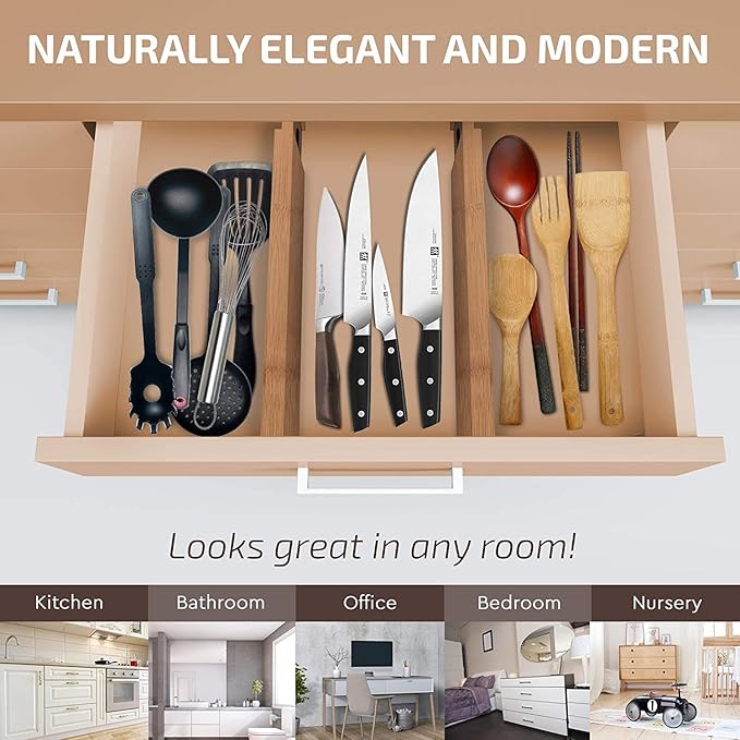 6-Pack Drawer Dividers - 2.6 Inches High, Adjustable 16 to 22 Inches Bamboo Drawer Organizer, Large Expandable Separator for Clothes, Dresser, Bedroom, Bathroom, Baby, Office, Kitchen Utensil Storage