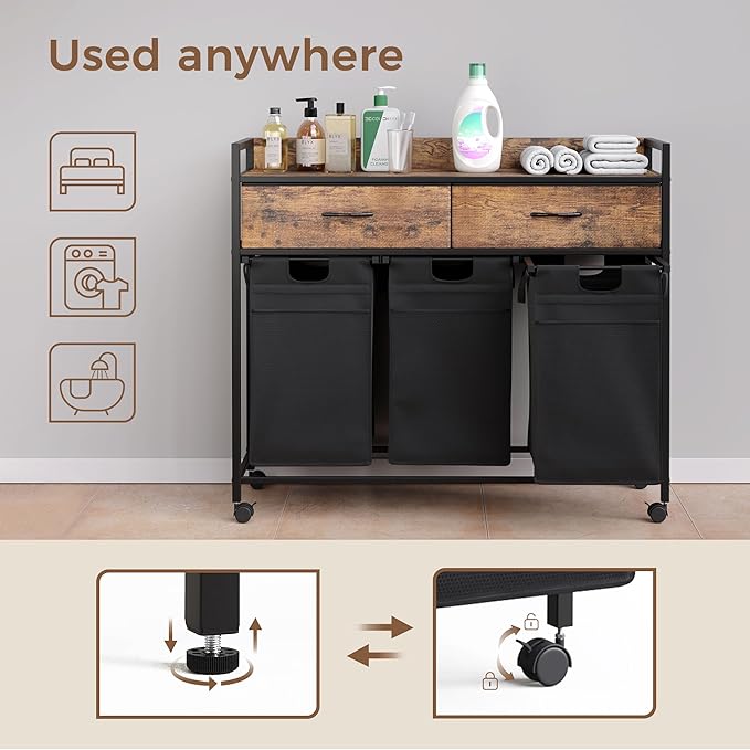 Mondeer Laundry Sorter with 2 Drawers, 150L with Pull-Out Removable Laundry Bags, Laundry Hamper Baskets with 3 Section and Wheels, Rustic Brown and Black