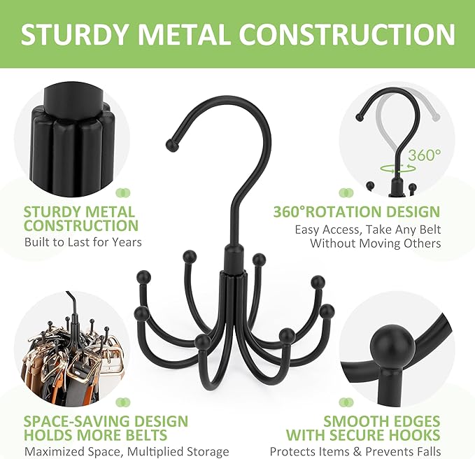 Belt Hanger, 2 Pack Rotatable Belt Organizer Rack for Closet Sturdy Max 48 Belts Storage with 16 Hooks, Hanging Space Saving Closet Organizers for Belts Holder, Black