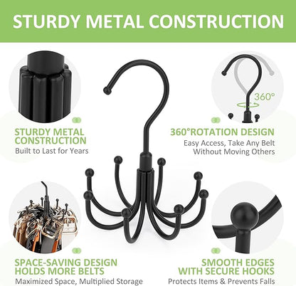 Belt Hanger, 2 Pack Rotatable Belt Organizer Rack for Closet Sturdy Max 48 Belts Storage with 16 Hooks, Hanging Space Saving Closet Organizers for Belts Holder, Black