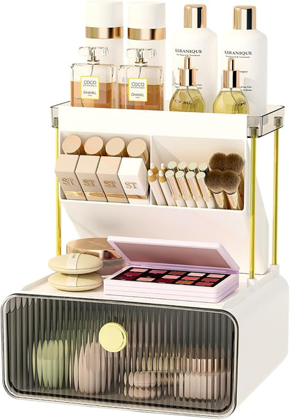 FOLLOWIN Bathroom Counter Organizers and Storage with Drawer, Cosmetic Organizer with Make Up Brush Holder, Perfume Makeup Shelf, 3-Tier Vanity Storage, Smoky Gray