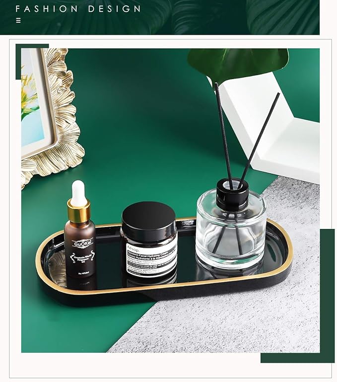 Emibele Jewelry Organizer Oval Resin Tray, Bathroom Kitchen Dresser Vanity Tray Jewelry Dish Ring Holder Cosmetic Organizer for Candle Perfume Soap Shampoo Home Decor - Black & Gold