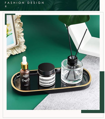 Emibele Jewelry Organizer Oval Resin Tray, Bathroom Kitchen Dresser Vanity Tray Jewelry Dish Ring Holder Cosmetic Organizer for Candle Perfume Soap Shampoo Home Decor - Black & Gold