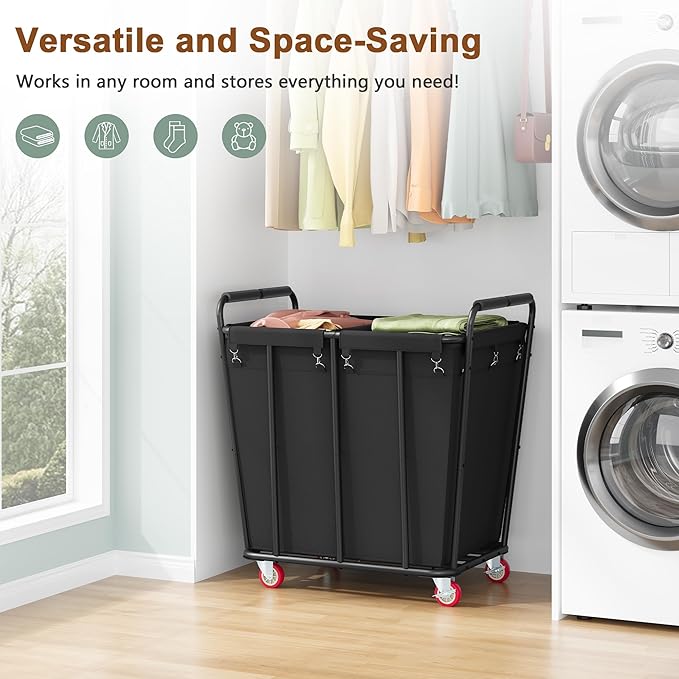 Hoctieon 2 Section Laundry Sorter Cart, 400L Rolling Hamper with Wheels, Industrial Laundry Basket Organizer, Extra Large Dirty Clothes Hamper for Home & Hotel, Heavy Duty, Black
