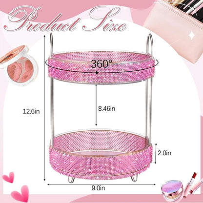 Honeydak 360 Rotating Perfume Organizer for Mother Day Nurse Day Rhinestone Bathroom Counter Organizer Makeup Holder Skincare and Perfume Storage for Cosmetic Countertop(2 Tiers,Pearl,Pink)