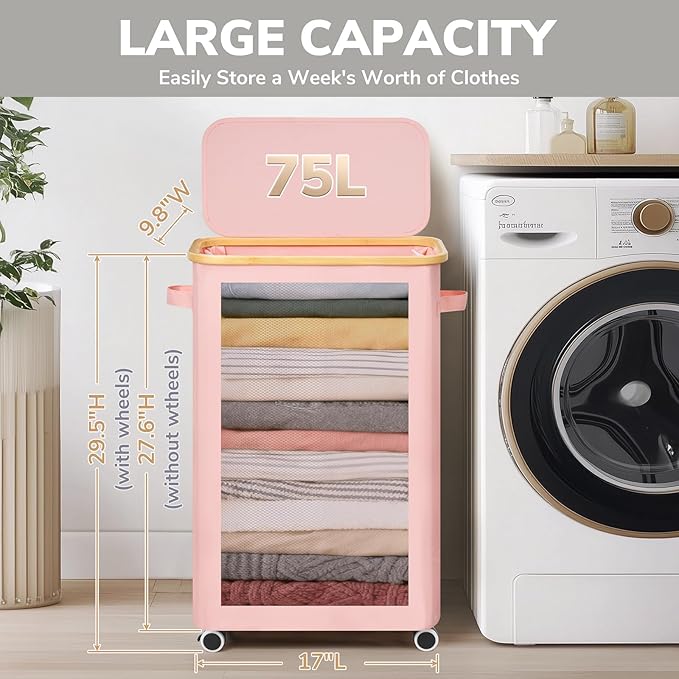 Goodpick Slim Laundry Basket with Wheels and Lid, 75L Tall Laundry Hamper with Bamboo Frame Removable Bag, Collapsible Clothes Hamper for Dorm Home Decor, Pink, 17" x 9.8" x 29.5"
