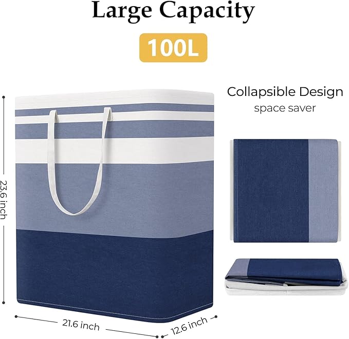 StorageRight Laundry Basket Hamper Large Collapsible Laundry Hamper with Easy Carry Handles，Freestanding Clothes Hampers for Laundry, Bedroom, Dorm, Clothes, Towels, 100L, Gradient Blue